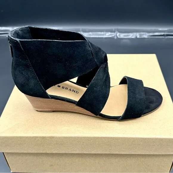 Lucky Brand Jamain black suede wedge sandal size 6 1/2 in box