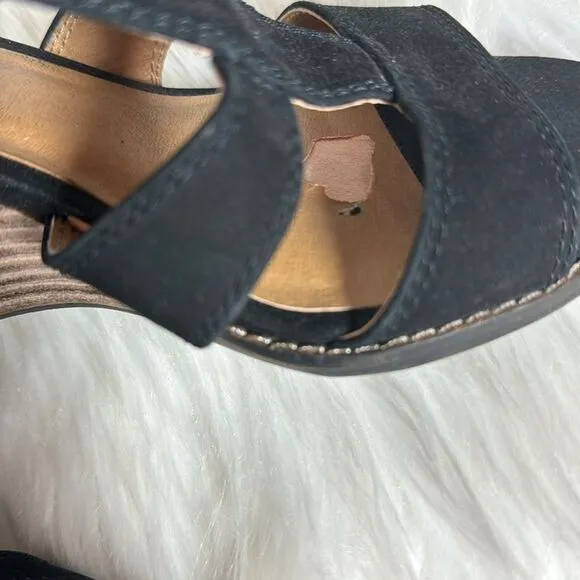 Lucky Brand Joellen Black Suede Lace Up Wedge Sandals Sz 8.5