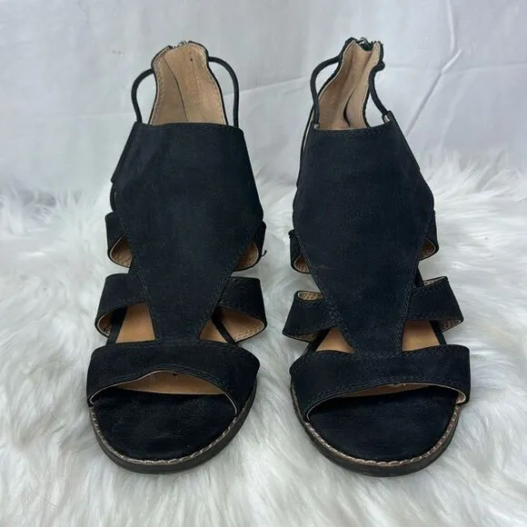 Lucky Brand Joellen Black Suede Lace Up Wedge Sandals Sz 8.5