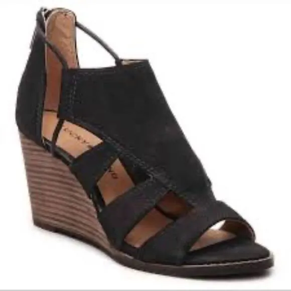 Lucky Brand Joellen Black Suede Lace Up Wedge Sandals Sz 8.5