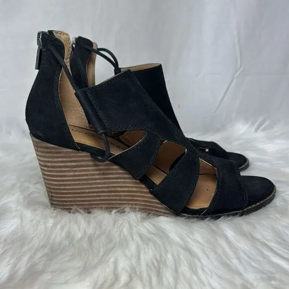 Lucky Brand Joellen Black Suede Lace Up Wedge Sandals Sz 8.5