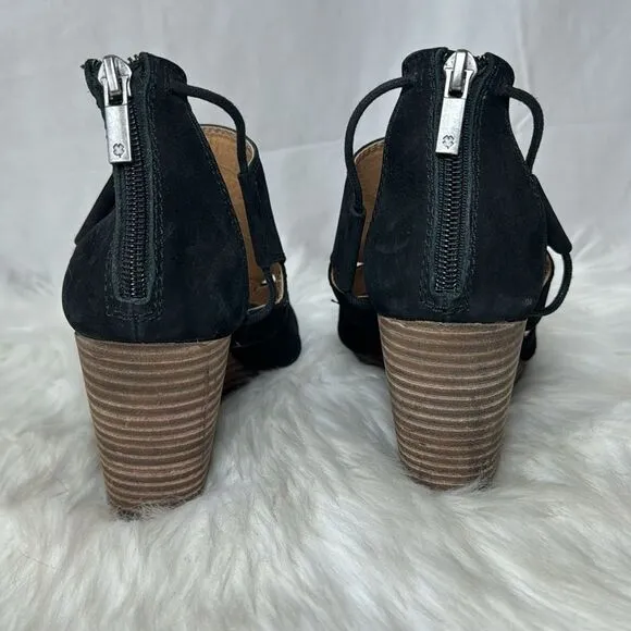 Lucky Brand Joellen Black Suede Lace Up Wedge Sandals Sz 8.5