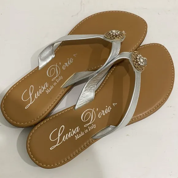 Luisa D’Orio ✿ Metallic Leather Jewel Embellished Thong Sandals ✿ Size 7