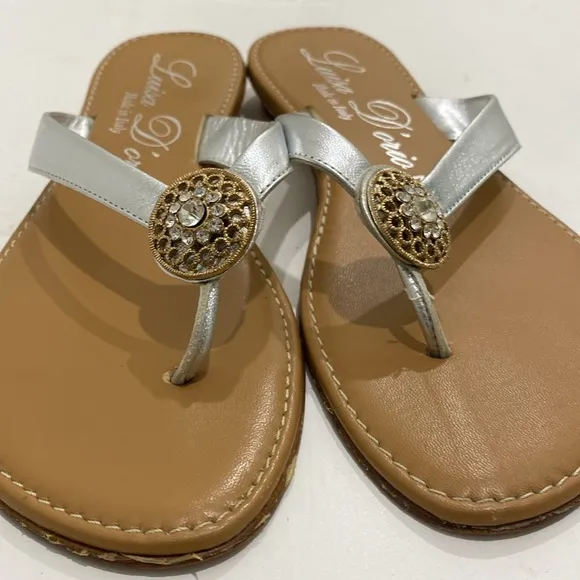 Luisa D’Orio ✿ Metallic Leather Jewel Embellished Thong Sandals ✿ Size 7