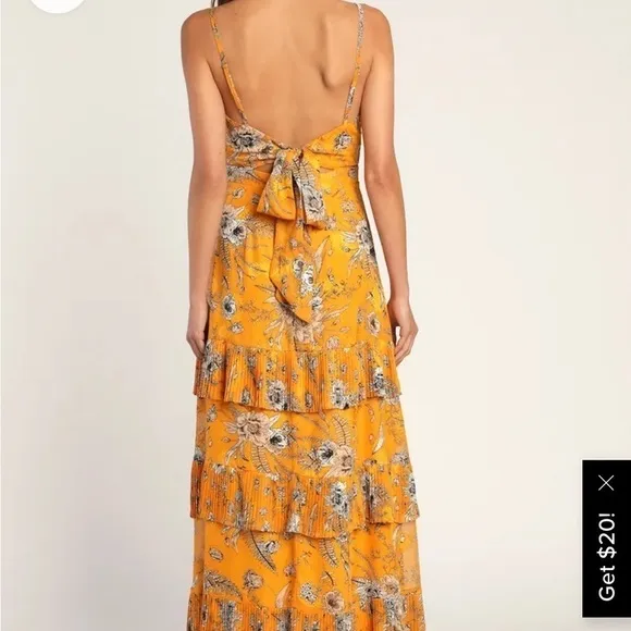 Lulus Beaming Babe Floral Jacquard Tiered Maxi Dress Women’s Golden Yellow