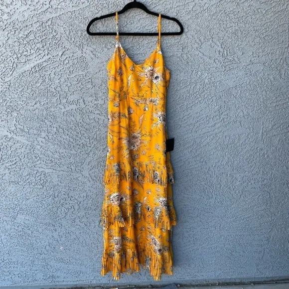 Lulus Beaming Babe Floral Jacquard Tiered Maxi Dress Women’s Golden Yellow