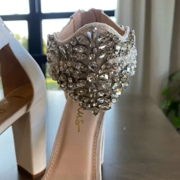Lulus Dannah High Heels 11 White Suede Rhinestone Pearl Sandals Wedding Bridal