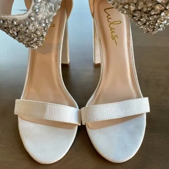 Lulus Dannah High Heels 11 White Suede Rhinestone Pearl Sandals Wedding Bridal