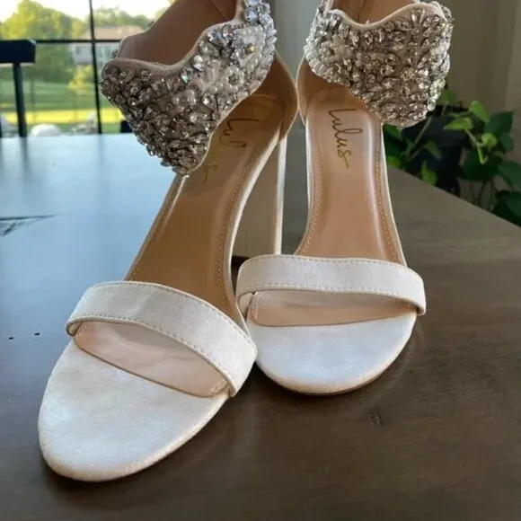 Lulus Dannah High Heels 11 White Suede Rhinestone Pearl Sandals Wedding Bridal