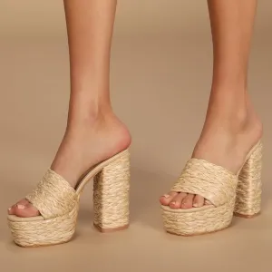 Lulus Karinah Natural Raffia Platform Slide Sandals 8