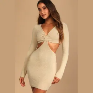 Lulus Perfect Season Tan Knit Cutout Sweater Dress M