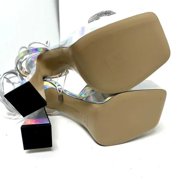 Mach &amp; Mach Iridescent Leather Double Bow Platform Sandals size 37.5 7.5