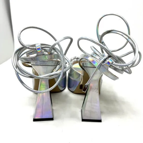 Mach &amp; Mach Iridescent Leather Double Bow Platform Sandals size 37.5 7.5