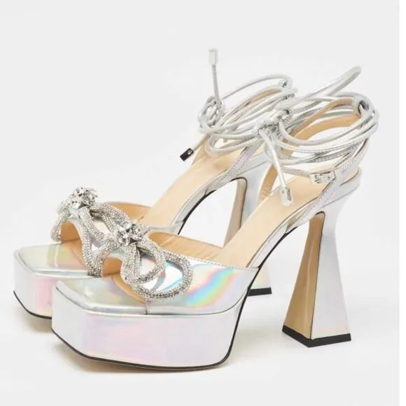 Mach &amp; Mach Iridescent Leather Double Bow Platform Sandals size 37.5 7.5