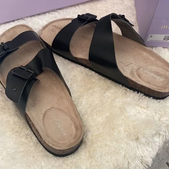 Madden Girl, Brando Black leather sandals. Womens 10. NIB.