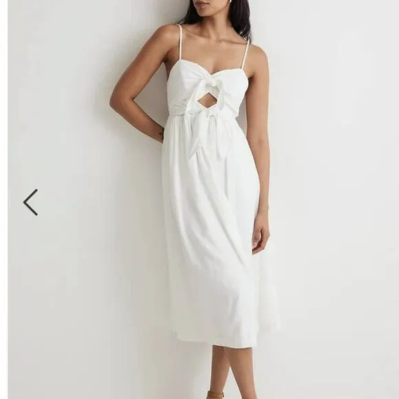 Madewell Dawson Dress Cutout White Linen Midi Dress with pockets Size 2 NWT