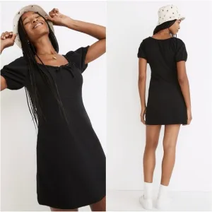 Madewell Dress Seersucker Knit Puff-Sleeve Mini Stretchy True Black XS