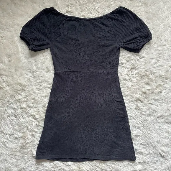 Madewell Dress Seersucker Knit Puff-Sleeve Mini Stretchy True Black XS