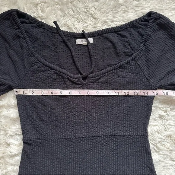 Madewell Dress Seersucker Knit Puff-Sleeve Mini Stretchy True Black XS