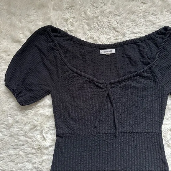 Madewell Dress Seersucker Knit Puff-Sleeve Mini Stretchy True Black XS