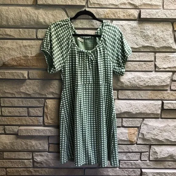 Madewell Jacquard Puff-Sleeve Mini Dress in Gingham Check Palm Green White XXL