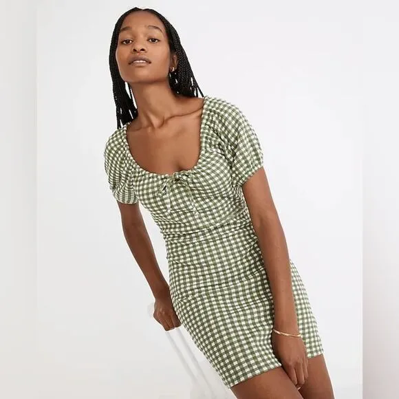 Madewell Jacquard Puff-Sleeve Mini Dress in Gingham Check Palm Green White XXL