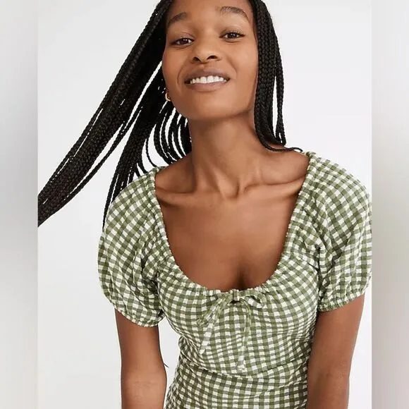 Madewell Jacquard Puff-Sleeve Mini Dress in Gingham Check Palm Green White XXL