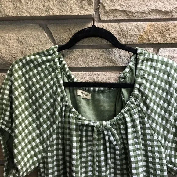 Madewell Jacquard Puff-Sleeve Mini Dress in Gingham Check Palm Green White XXL