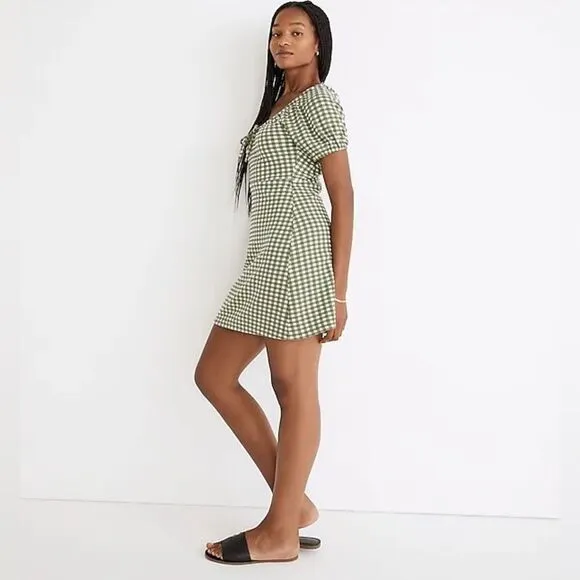 Madewell Jacquard Puff-Sleeve Mini Dress in Gingham Check Palm Green White XXL