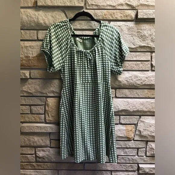 Madewell Jacquard Puff-Sleeve Mini Dress in Gingham Check Palm Green White XXL