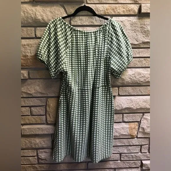 Madewell Jacquard Puff-Sleeve Mini Dress in Gingham Check Palm Green White XXL