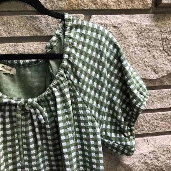 Madewell Jacquard Puff-Sleeve Mini Dress in Gingham Check Palm Green White XXL
