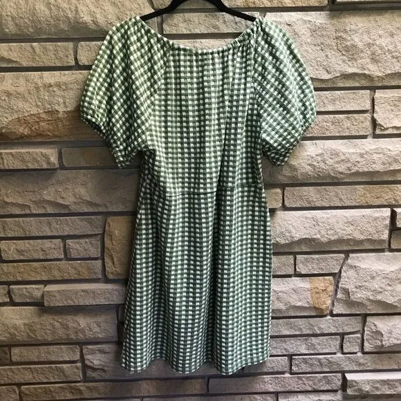 Madewell Jacquard Puff-Sleeve Mini Dress in Gingham Check Palm Green White XXL