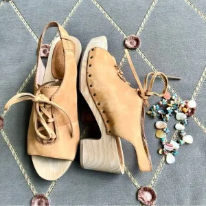 Madewell Leather Sandals Clogs in Tan Lace Up Platform Heels &amp; Ankle Strap (6)