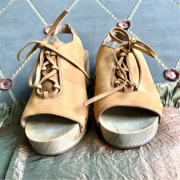 Madewell Leather Sandals Clogs in Tan Lace Up Platform Heels &amp; Ankle Strap (6)