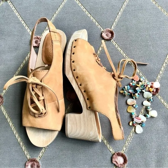 Madewell Leather Sandals Clogs in Tan Lace Up Platform Heels &amp; Ankle Strap (6)