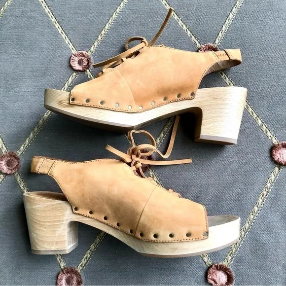 Madewell Leather Sandals Clogs in Tan Lace Up Platform Heels &amp; Ankle Strap (6)