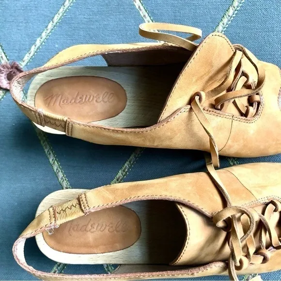 Madewell Leather Sandals Clogs in Tan Lace Up Platform Heels &amp; Ankle Strap (6)