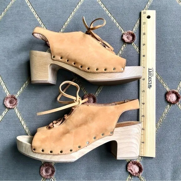 Madewell Leather Sandals Clogs in Tan Lace Up Platform Heels &amp; Ankle Strap (6)