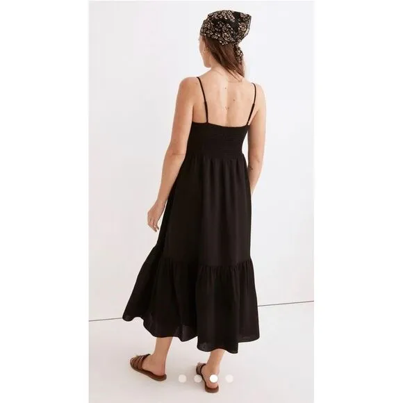 Madewell Ruched Keyhole Tiered Black Midi Dress Size‎ 10