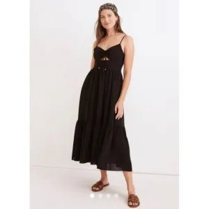 Madewell Ruched Keyhole Tiered Black Midi Dress Size‎ 10
