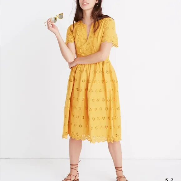 Madewell Scalloped Eyelet Midi Dress Yellow Size 0 Boho Chic
