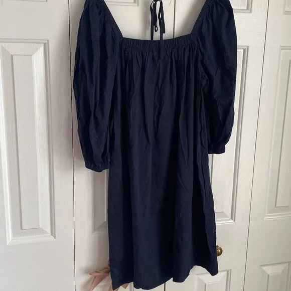 Madewell Square-Neck Open Back Puff-Sleeve Mini Dress Navy Babydoll Size 6