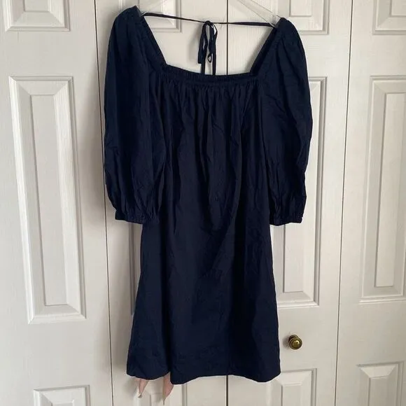 Madewell Square-Neck Open Back Puff-Sleeve Mini Dress Navy Babydoll Size 6