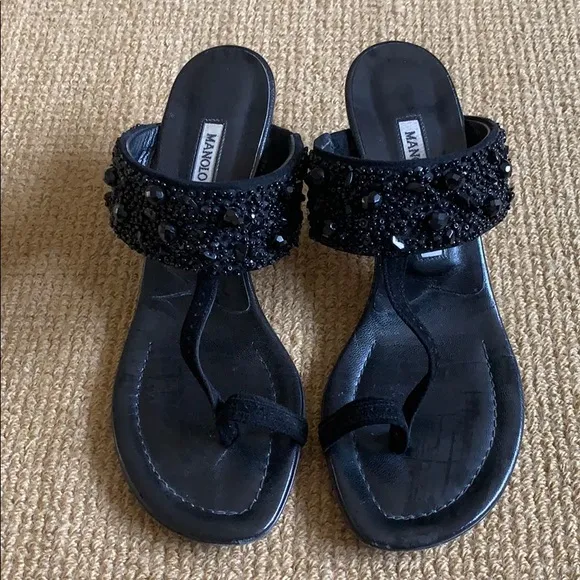 Manolo Blahnik black beaded sandals