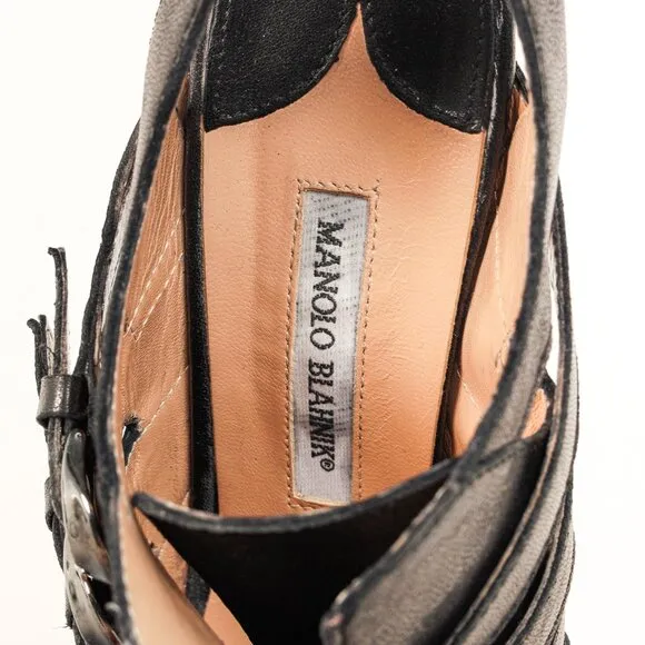 Manolo Blahnik Black Leather Buckled Gladiator Sandals