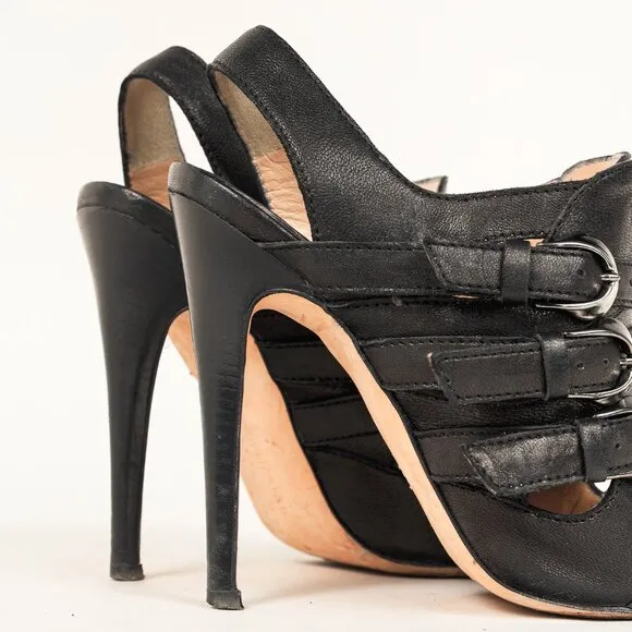 Manolo Blahnik Black Leather Buckled Gladiator Sandals
