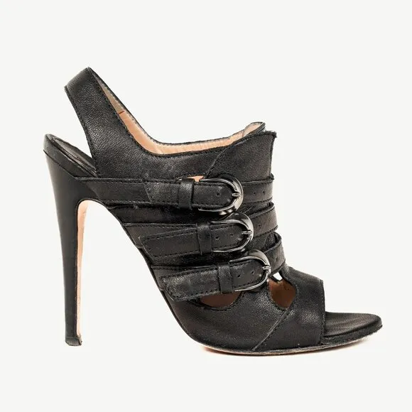 Manolo Blahnik Black Leather Buckled Gladiator Sandals