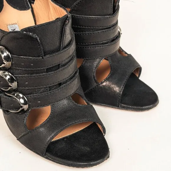 Manolo Blahnik Black Leather Buckled Gladiator Sandals
