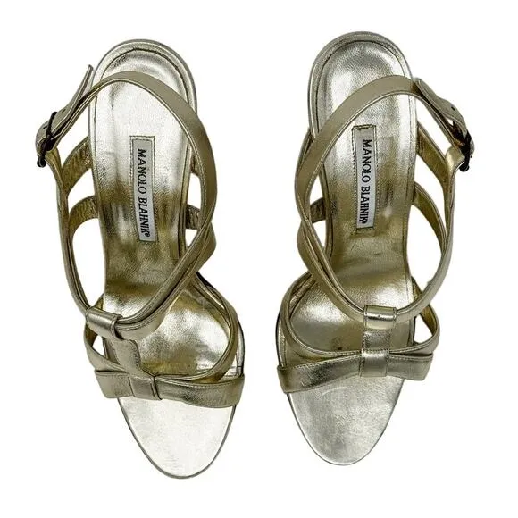 Manolo Blahnik Gold Metallic T-Strap Stacked Heel 105 Sandals size 39.5 US9-9.5